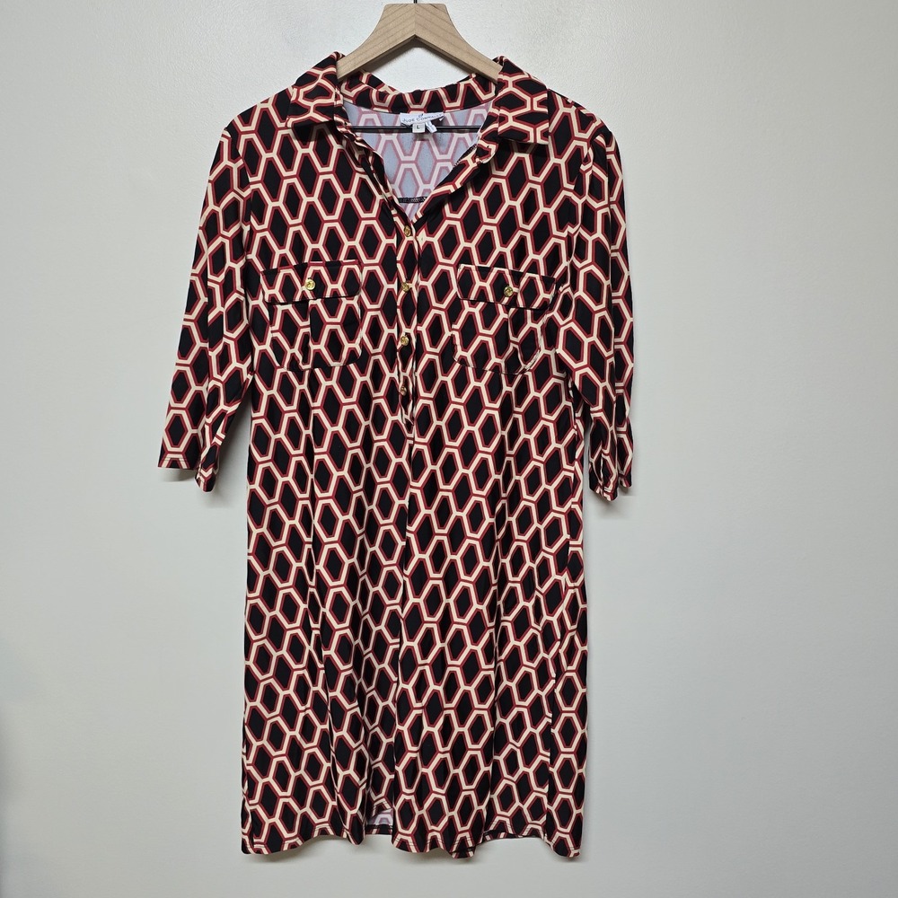 Jude Connally Geometric Print Shirt Dress Sz L Red Black Gold Button Stretch USA
